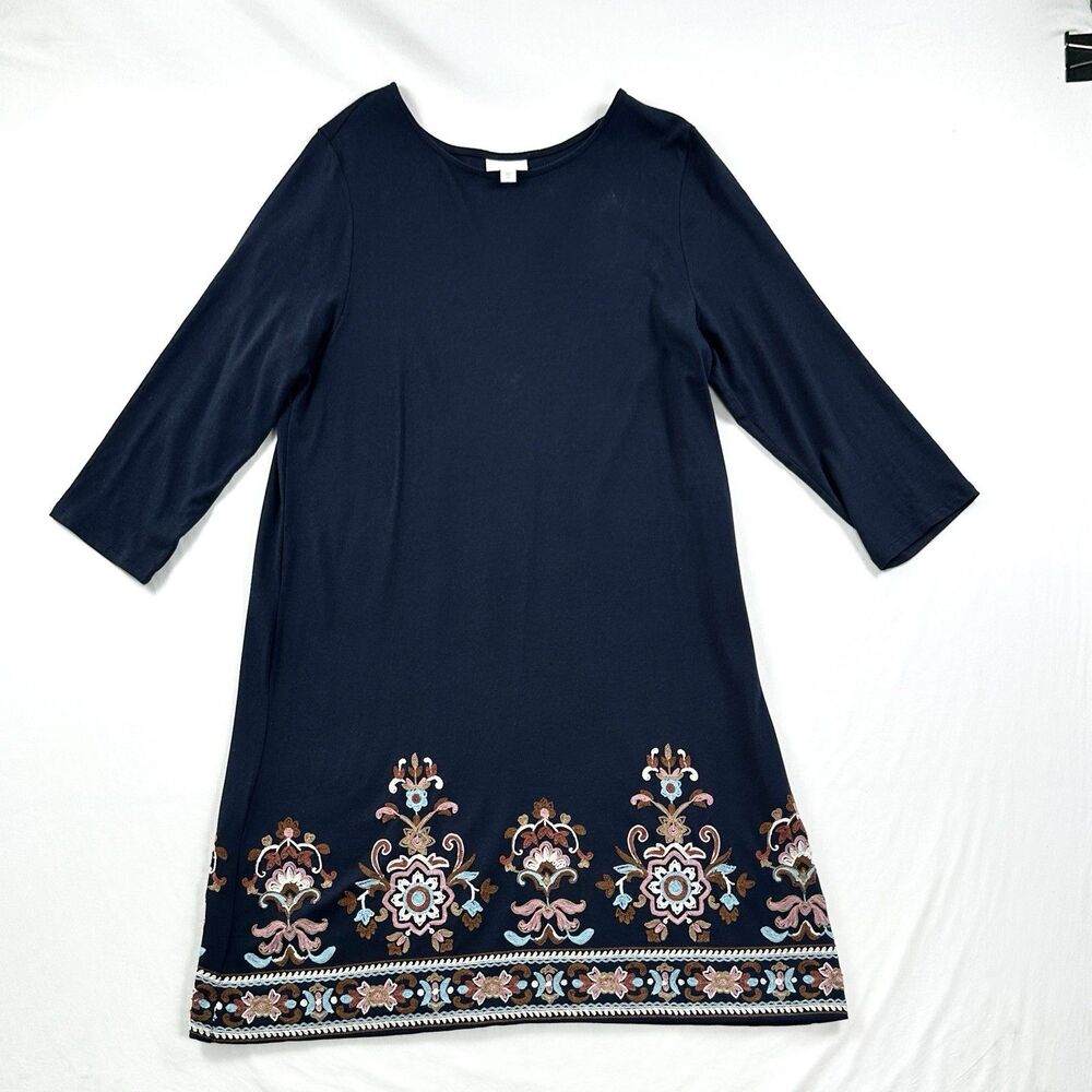 J Jill Embroidered Dress Womens Medium Blue Midi Length Boho Cotton Blend